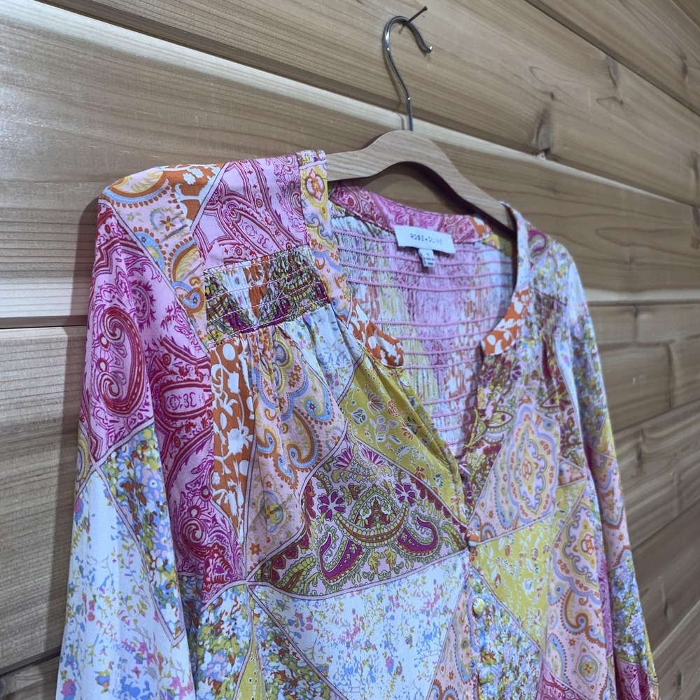 Rose + Olive Blouse Womens Small Multicolor Paisley Floral Button Front Boho - Picture 9 of 13